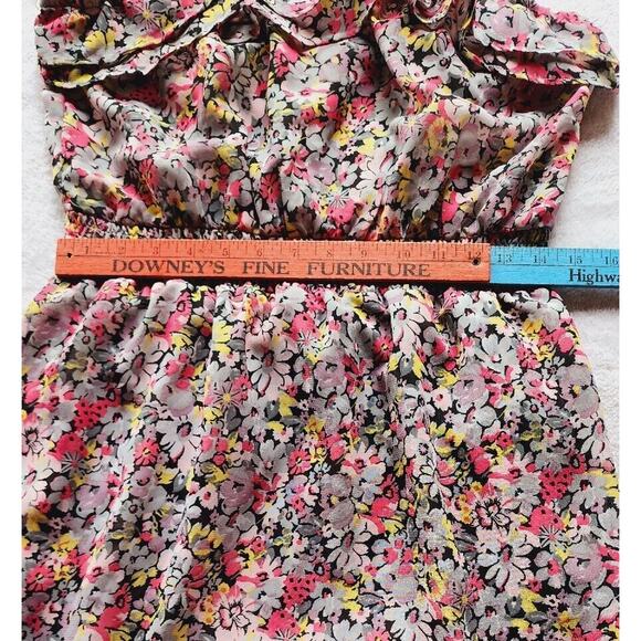 Y2K Pink Floral Chiffon ruffle mini Dress Sz Large Spaghetti Straps Lined chintz - Picture 10 of 12